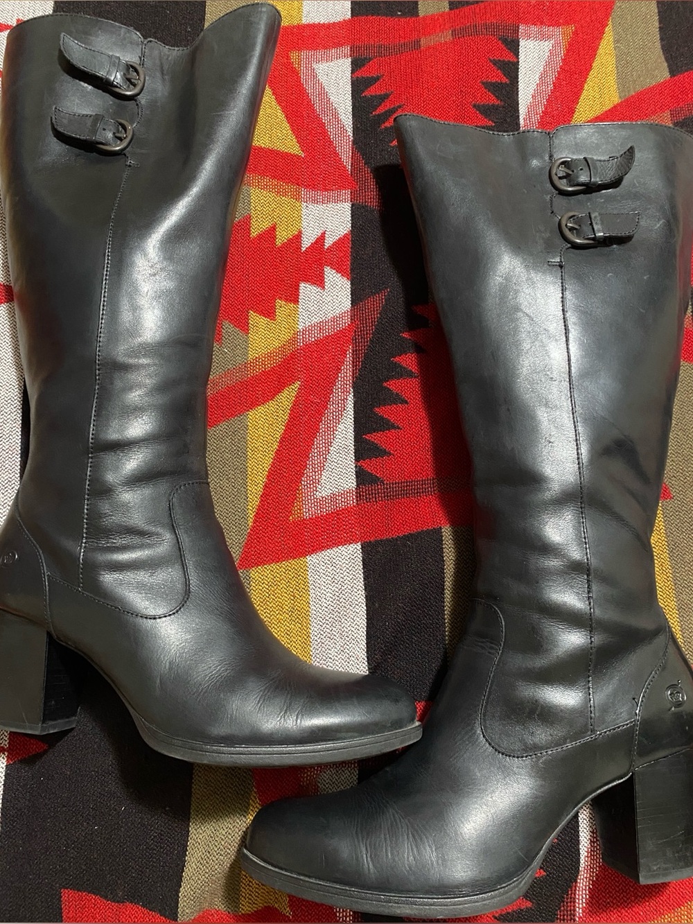 Born Black Leather Mid-Calf Heeled Boots with Buckle Detail